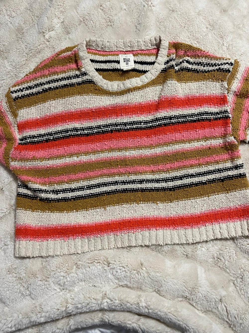 Billabong Striped Crewneck Sweater in Pink, Cream, Brown & Black